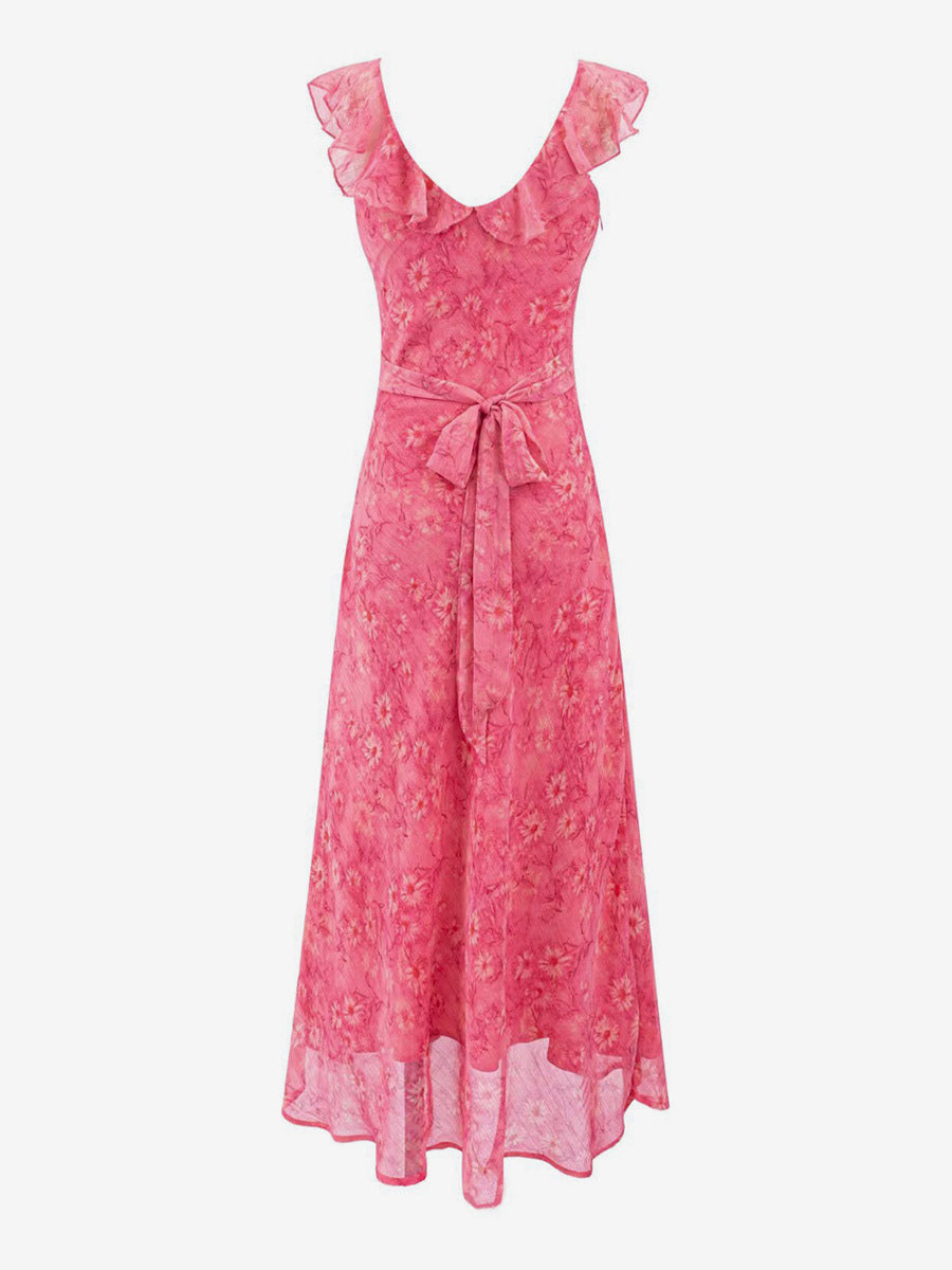 Daily Dresses For Woman Sleeveless V-Neck Raised Waist Sweet Shaping Ruffles Red Dress