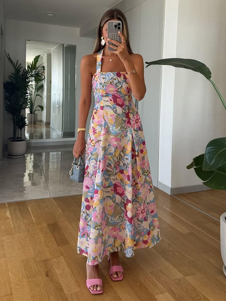 Vacation Dresses Shaping Backless Lace Sleeveless Printed Straps Neck Elegant Pink Dress