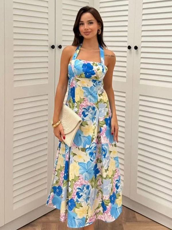 Vacation Dresses Shaping Backless Lace Sleeveless Printed Straps Neck Elegant Pink Dress