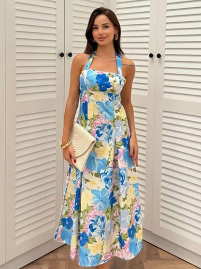 Vacation Dresses Shaping Backless Lace Sleeveless Printed Straps Neck Elegant Pink Dress