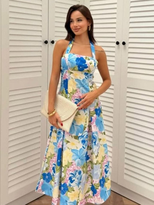 Vacation Dresses Shaping Backless Lace Sleeveless Printed Straps Neck Elegant Pink Dress