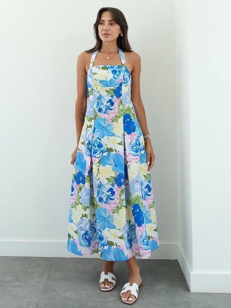 Vacation Dresses Shaping Backless Lace Sleeveless Printed Straps Neck Elegant Pink Dress