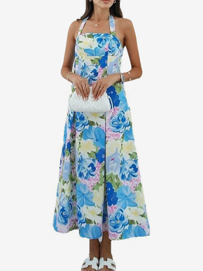 Vacation Dresses Shaping Backless Lace Sleeveless Printed Straps Neck Elegant Pink Dress