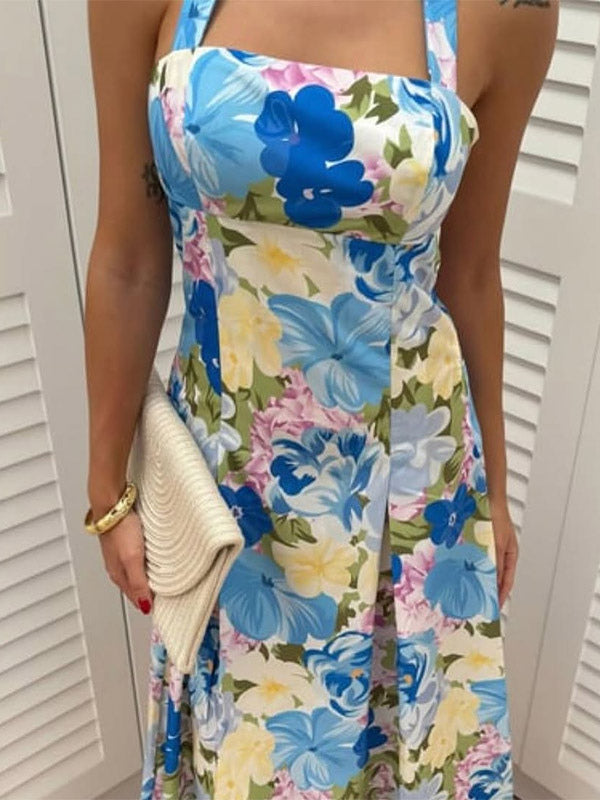 Vacation Dresses Shaping Backless Lace Sleeveless Printed Straps Neck Elegant Pink Dress