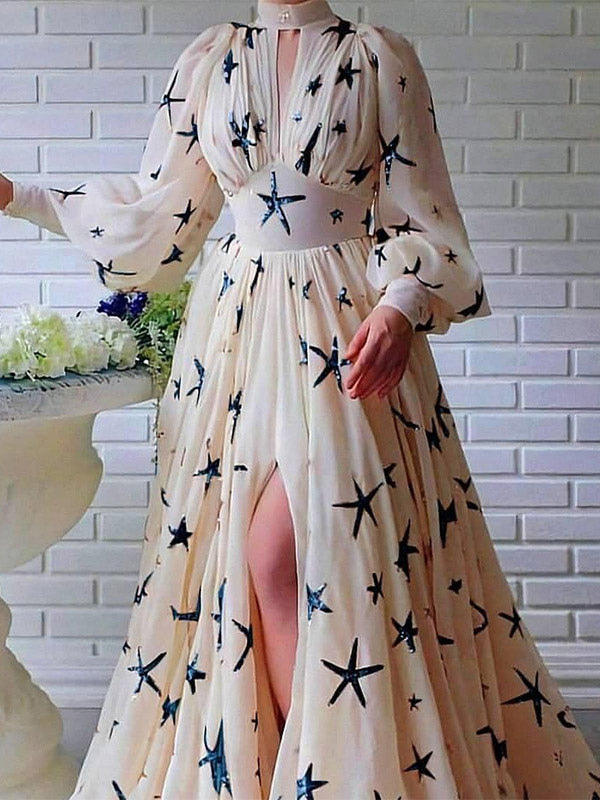 Party Dress Dresses Party Dresses Ocean Blue High Collar Sequins Long Sleeves Shaping Puff Sleeves Elegant Semi Formal Dress