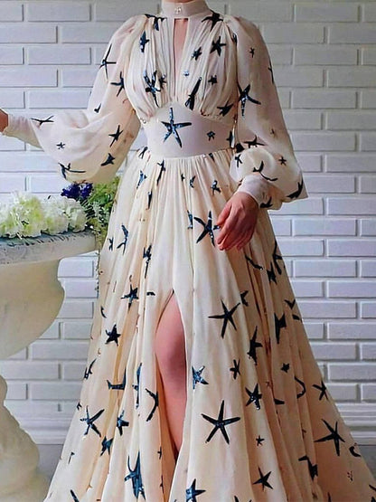 Party Dress Dresses Party Dresses Ocean Blue High Collar Sequins Long Sleeves Shaping Puff Sleeves Elegant Semi Formal Dress
