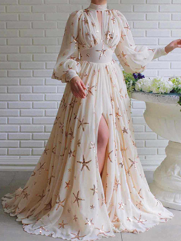 Party Dress Dresses Party Dresses Ocean Blue High Collar Sequins Long Sleeves Shaping Puff Sleeves Elegant Semi Formal Dress