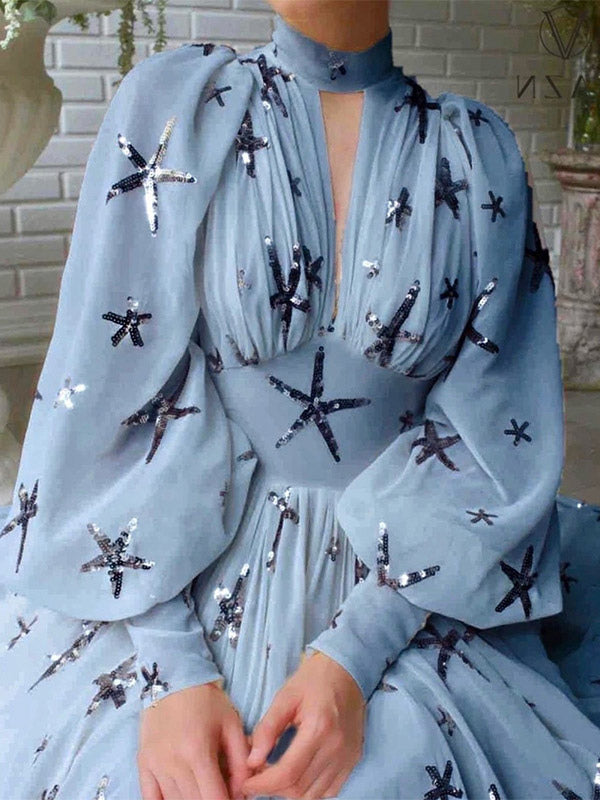 Party Dress Dresses Party Dresses Ocean Blue High Collar Sequins Long Sleeves Shaping Puff Sleeves Elegant Semi Formal Dress