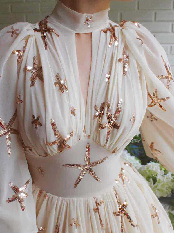 Party Dress Dresses Party Dresses Ocean Blue High Collar Sequins Long Sleeves Shaping Puff Sleeves Elegant Semi Formal Dress
