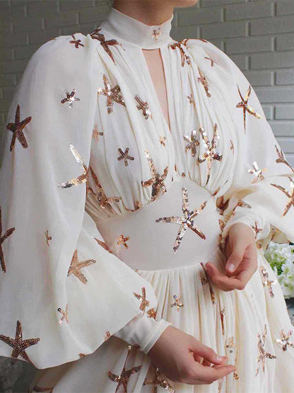 Party Dress Dresses Party Dresses Ocean Blue High Collar Sequins Long Sleeves Shaping Puff Sleeves Elegant Semi Formal Dress