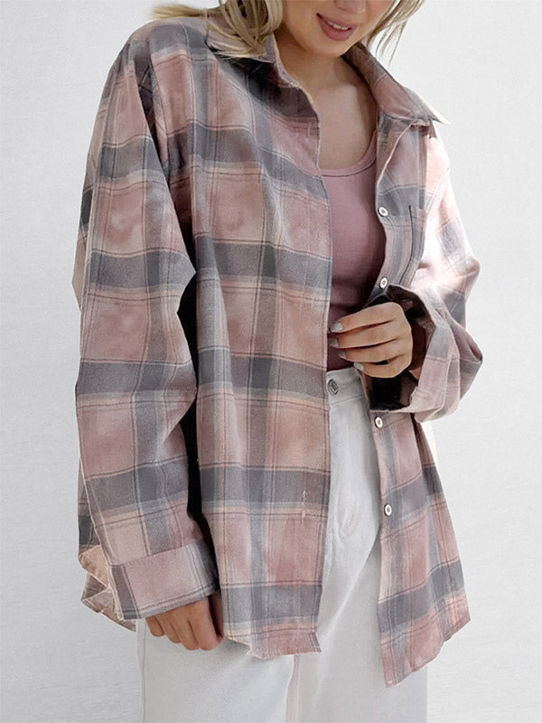 Women Jacket Turndown Collar Plaid Casual Long Sleeve Cardigans