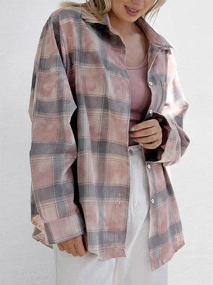 Women Jacket Turndown Collar Plaid Casual Long Sleeve Cardigans