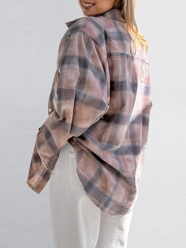 Women Jacket Turndown Collar Plaid Casual Long Sleeve Cardigans