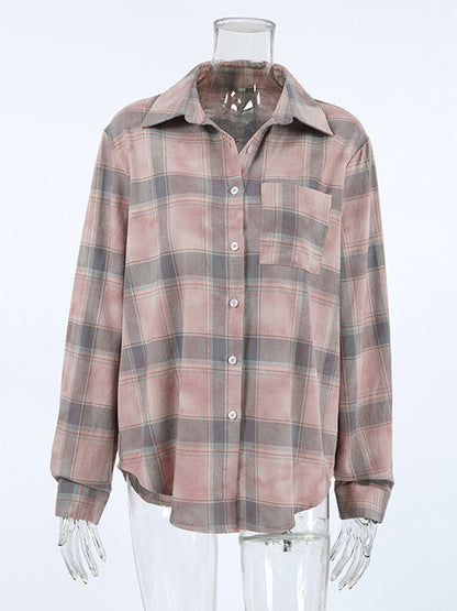 Women Jacket Turndown Collar Plaid Casual Long Sleeve Cardigans