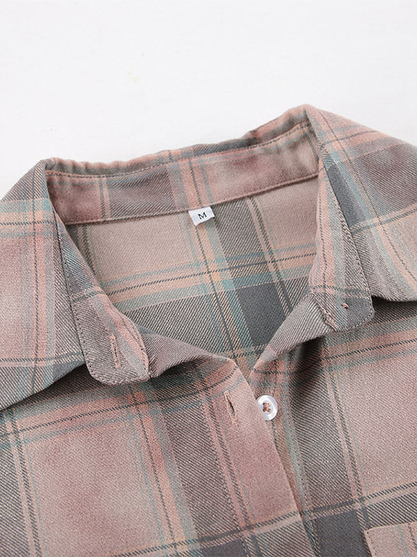 Women Jacket Turndown Collar Plaid Casual Long Sleeve Cardigans