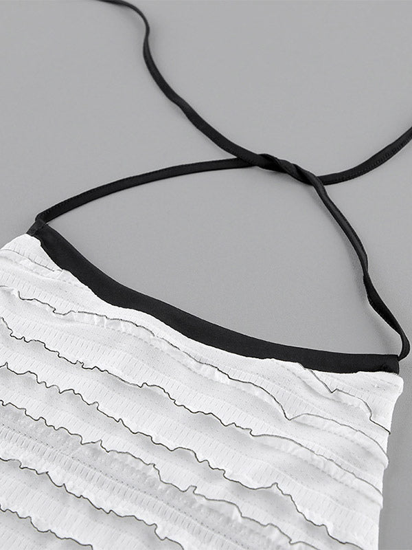 Two Piece Sets White Chic Stripes Jewel Neck Clothes Sleeveless Skirt Set