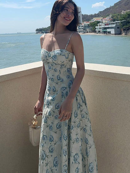 Vacation Dresses Maxi Sleeveless Floral Print Straps Neck Chic Green Dress