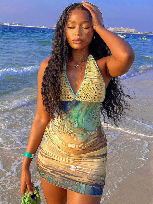 Vacation Dresses Mini Crochet Sleeveless Halter Sexy Yellow Dress