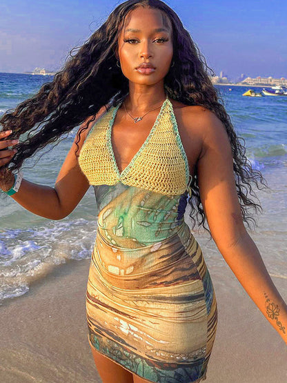 Vacation Dresses Mini Crochet Sleeveless Halter Sexy Yellow Dress