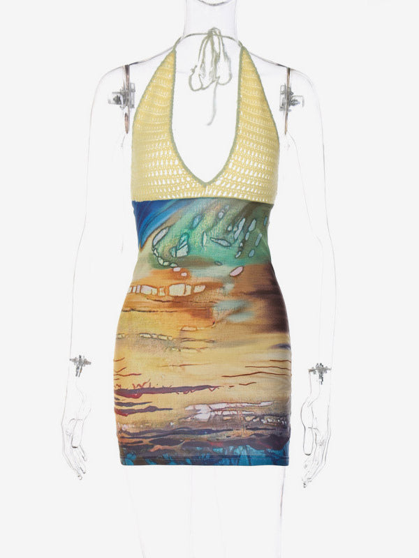 Vacation Dresses Mini Crochet Sleeveless Halter Sexy Yellow Dress