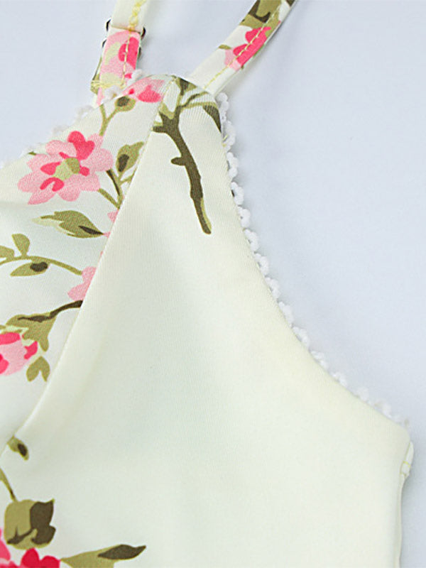 Vacation Dresses Maxi Sleeveless Floral Print Straps Neck Chic Apricot Dress