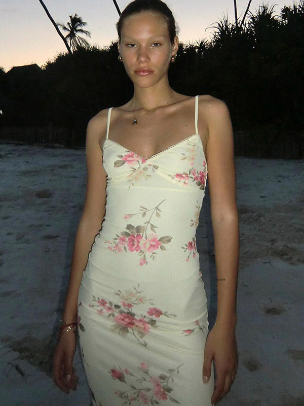 Vacation Dresses Maxi Sleeveless Floral Print Straps Neck Chic Apricot Dress