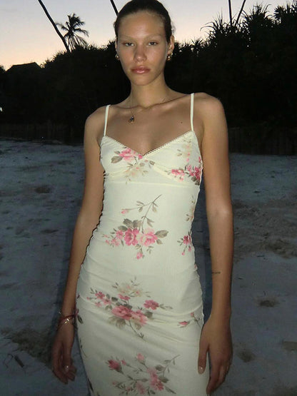 Vacation Dresses Maxi Sleeveless Floral Print Straps Neck Chic Apricot Dress