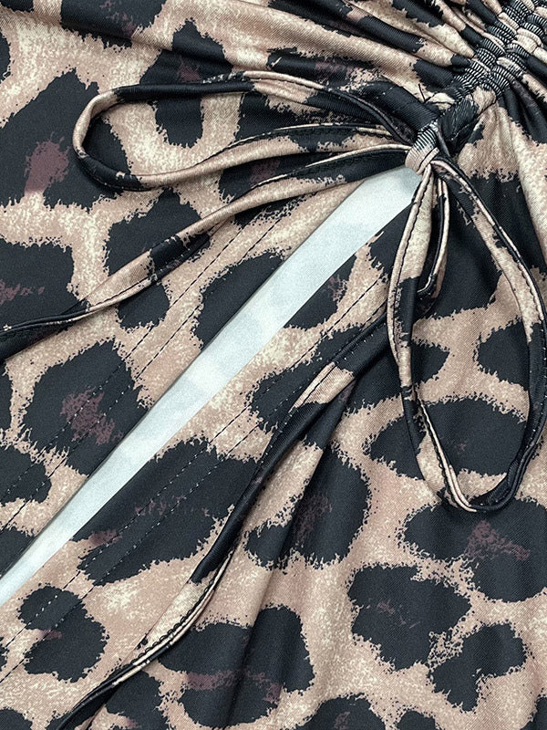 Party Dress Maxi Leopard Straps Neck Pleated Sleeveless Clothes Elegant Semi Formal Dress