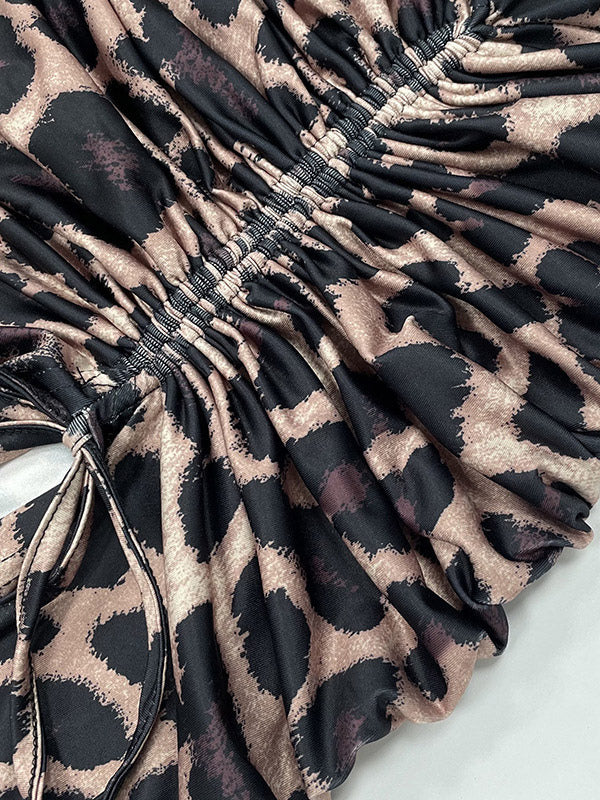 Party Dress Maxi Leopard Straps Neck Pleated Sleeveless Clothes Elegant Semi Formal Dress