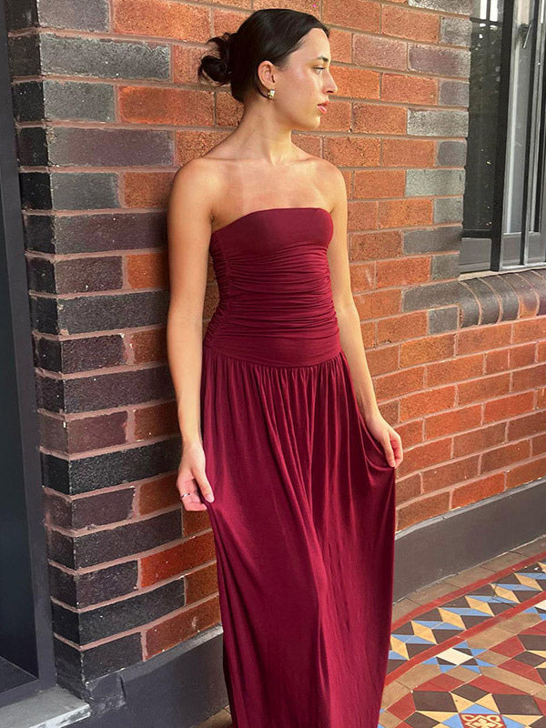 Party Dress Maxi Brown Strapless Pleated Sleeveless Clothes Sexy Semi Formal Dress