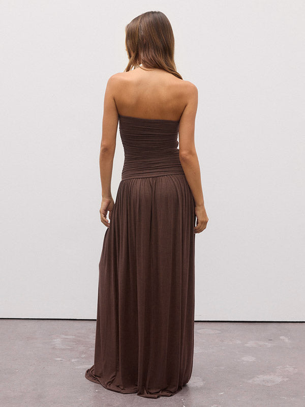 Party Dress Maxi Brown Strapless Pleated Sleeveless Clothes Sexy Semi Formal Dress