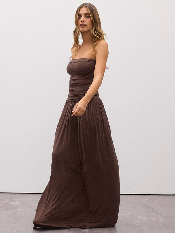 Party Dress Maxi Brown Strapless Pleated Sleeveless Clothes Sexy Semi Formal Dress