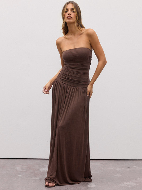 Party Dress Maxi Brown Strapless Pleated Sleeveless Clothes Sexy Semi Formal Dress