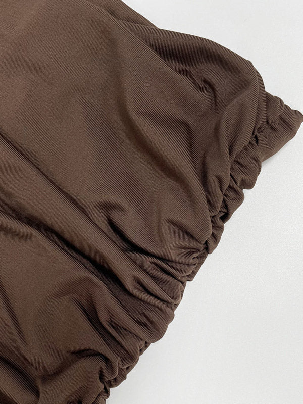 Party Dress Maxi Brown Strapless Pleated Sleeveless Clothes Sexy Semi Formal Dress
