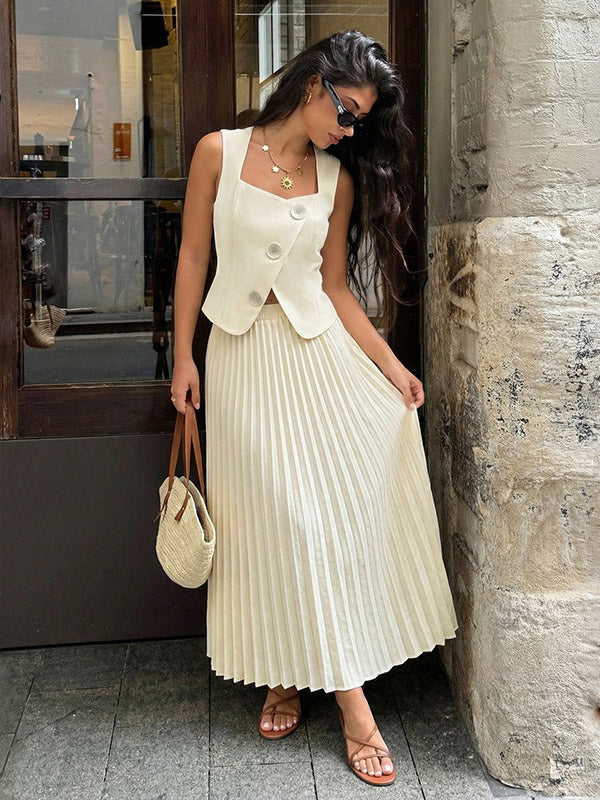 Two Piece Sets Apricot Dating Chic Jewel Neck Sleeveless Skirt Set
