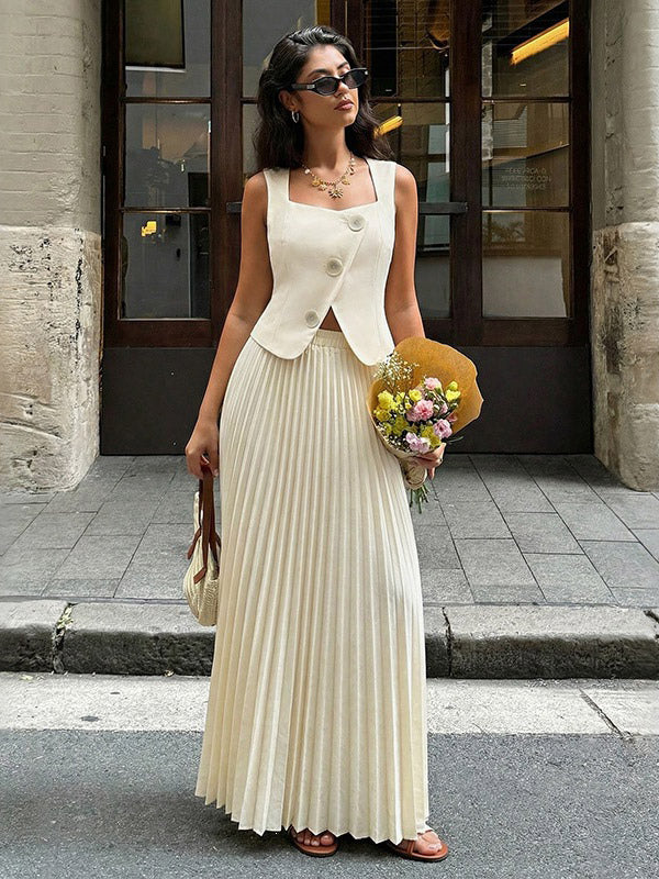 Two Piece Sets Apricot Dating Chic Jewel Neck Sleeveless Skirt Set