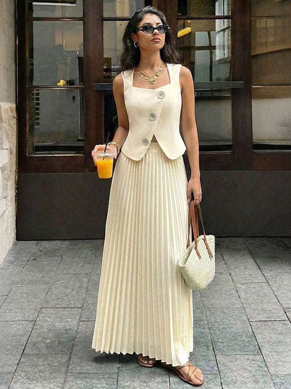Two Piece Sets Apricot Dating Chic Jewel Neck Sleeveless Skirt Set