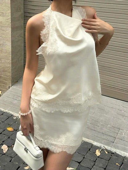 Two Piece Sets Apricot Chic Lace Daily Casual Sleeveless Skirt Set