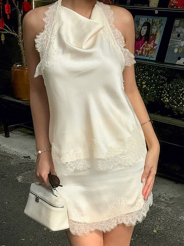 Two Piece Sets Apricot Chic Lace Daily Casual Sleeveless Skirt Set