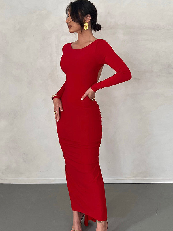 Party Dress Maxi Burgundy Long Sleeves Sexy Semi Formal Dress