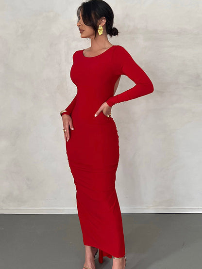 Party Dress Maxi Burgundy Long Sleeves Sexy Semi Formal Dress