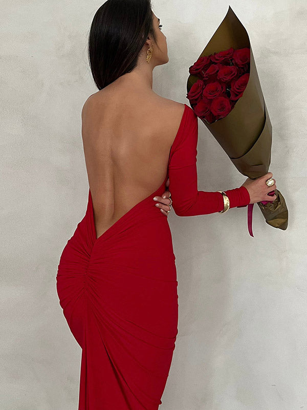 Party Dress Maxi Burgundy Long Sleeves Sexy Semi Formal Dress