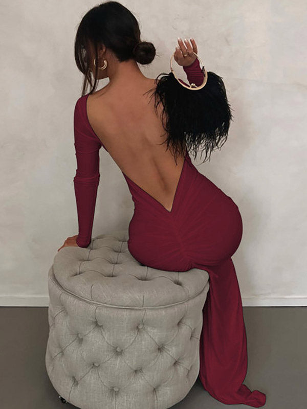 Party Dress Maxi Burgundy Long Sleeves Sexy Semi Formal Dress