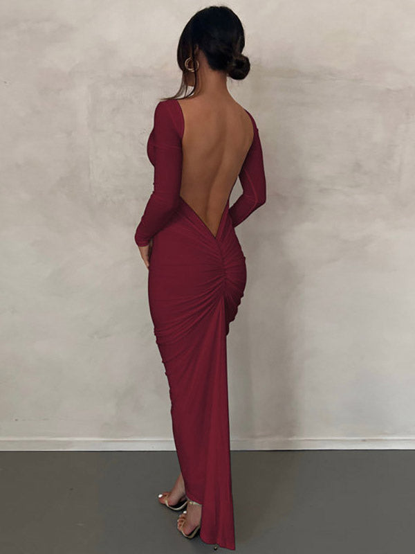 Party Dress Maxi Burgundy Long Sleeves Sexy Semi Formal Dress