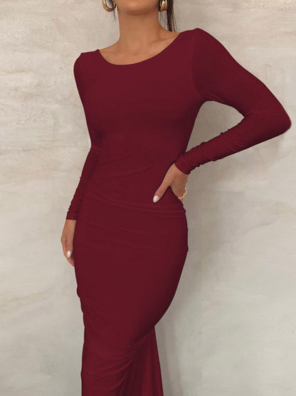 Party Dress Maxi Burgundy Long Sleeves Sexy Semi Formal Dress