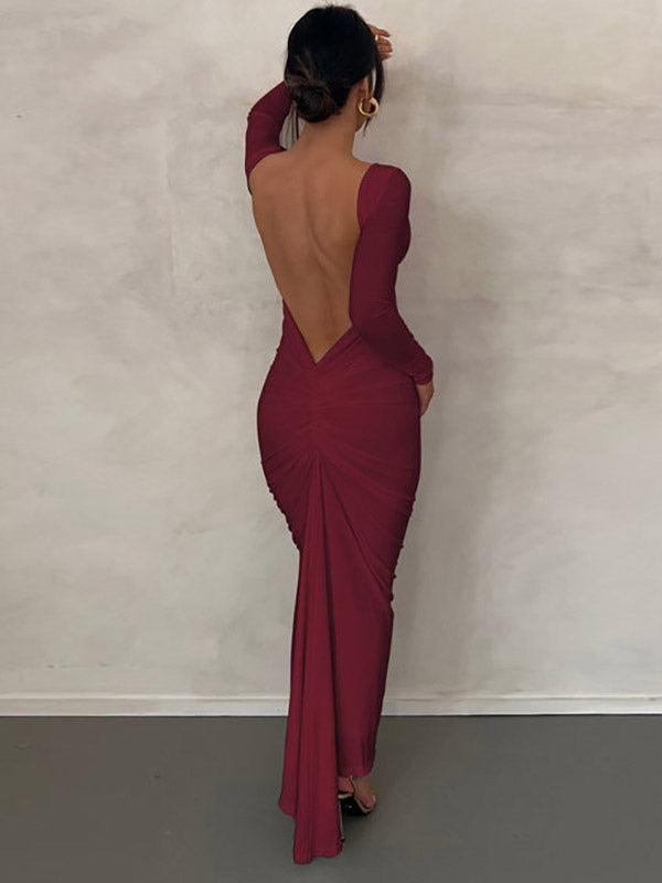 Party Dress Maxi Burgundy Long Sleeves Sexy Semi Formal Dress