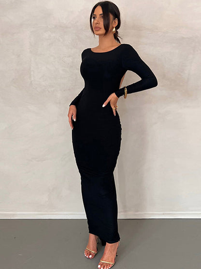 Party Dress Maxi Burgundy Long Sleeves Sexy Semi Formal Dress