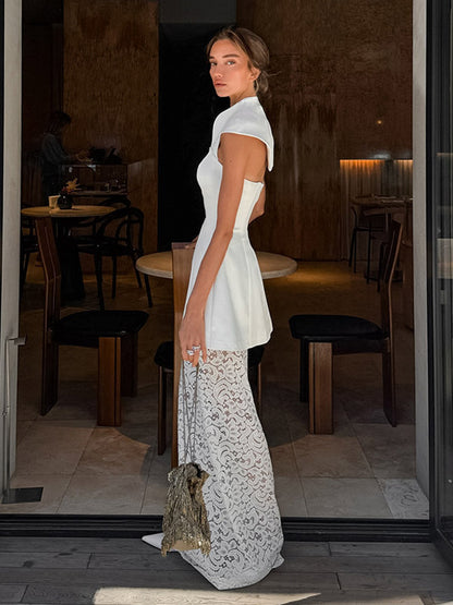 Two Piece Sets White Chic Lace Daily Casual Shaping Sleeveless Skirt Set