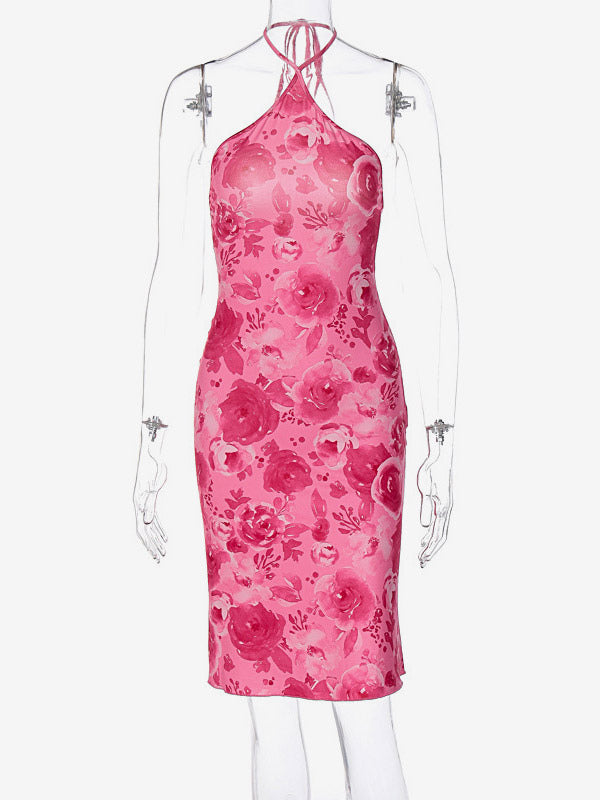 Night Out Dresses Rose Floral Print Sleeveless Halter Summer Dress