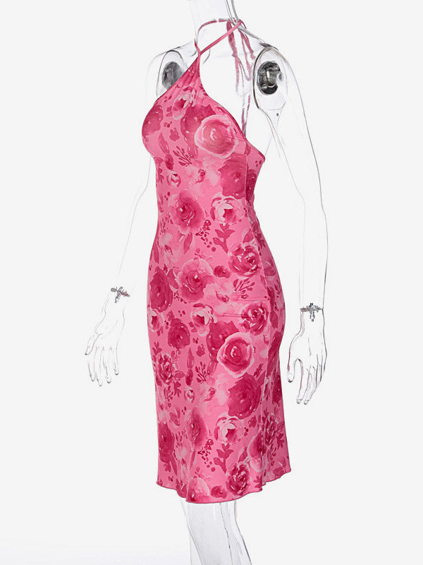 Night Out Dresses Rose Floral Print Sleeveless Halter Summer Dress